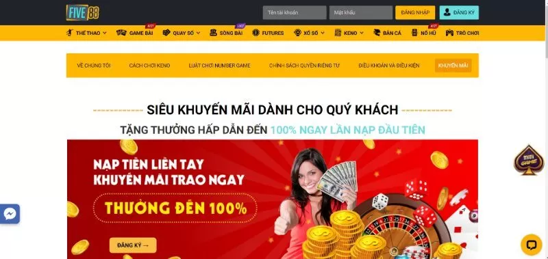 Khuyến mãi Five88 Tặng thưởng 100% lần nạp đầu tiên cho người mới Khuyến mãi Five88 Tặng thưởng 100% lần nạp đầu tiên cho người mới